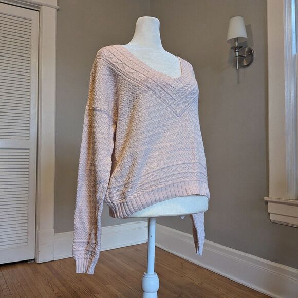 Vintage 90s Pink Sweater Domani V-Neck Varsity Pullover Preppy Size Large - Picture 2 of 7